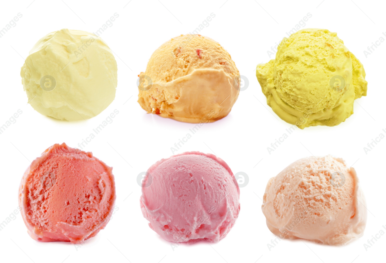 Image of Set with scoops of different ice creams on white background
