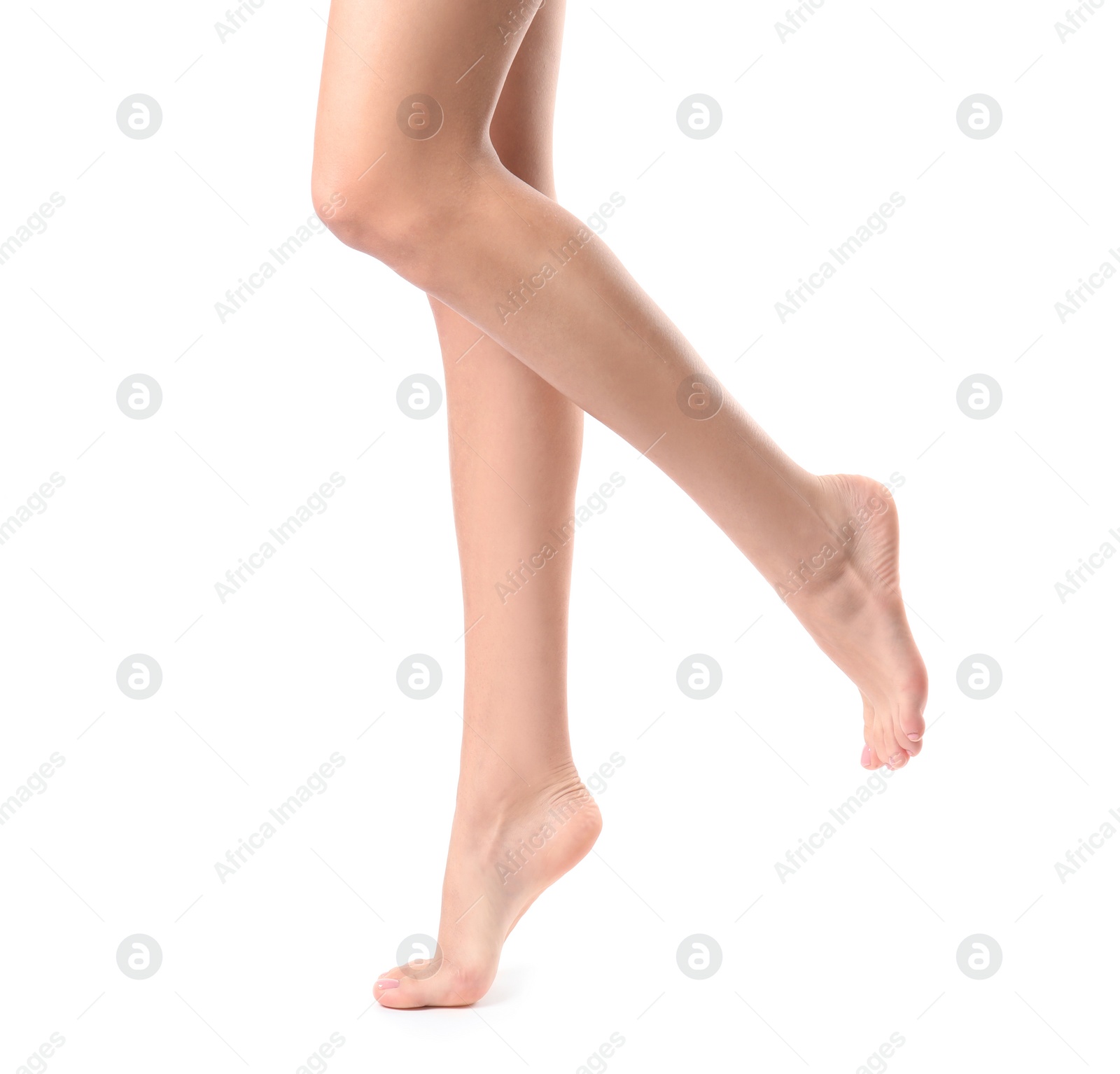 Photo of Woman with beautiful legs on white background, closeup. Spa treatment