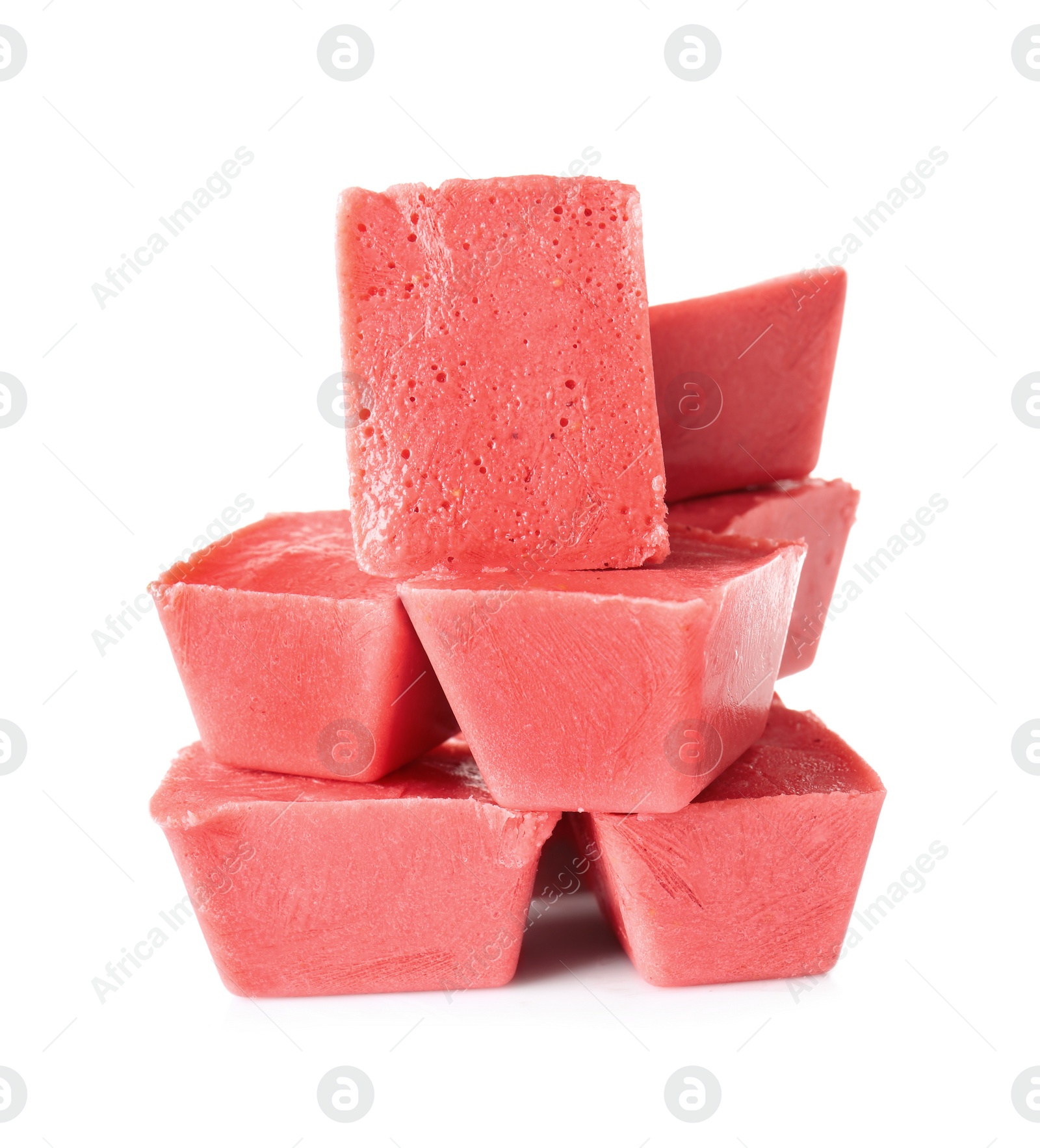 Photo of Tasty berry ice cubes on white background