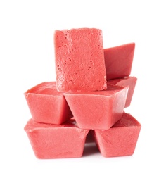 Photo of Tasty berry ice cubes on white background