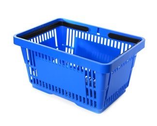 Photo of Color plastic shopping basket on white background