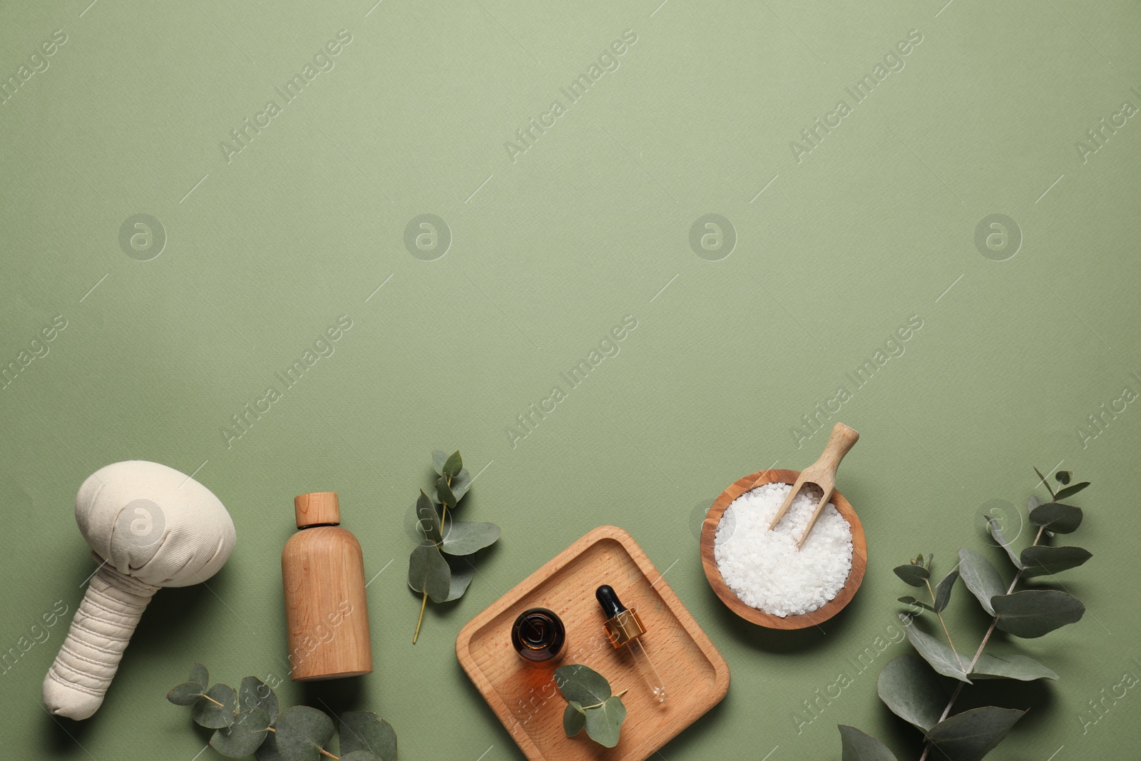 Photo of Different aromatherapy products and eucalyptus leaves on olive background, flat lay. Space for text