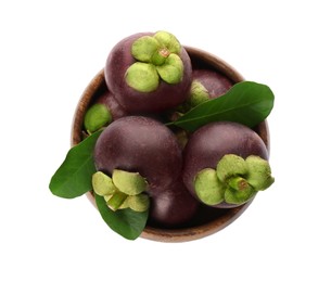 Photo of Fresh mangosteen fruits with green leaves in bowl on white background, top view