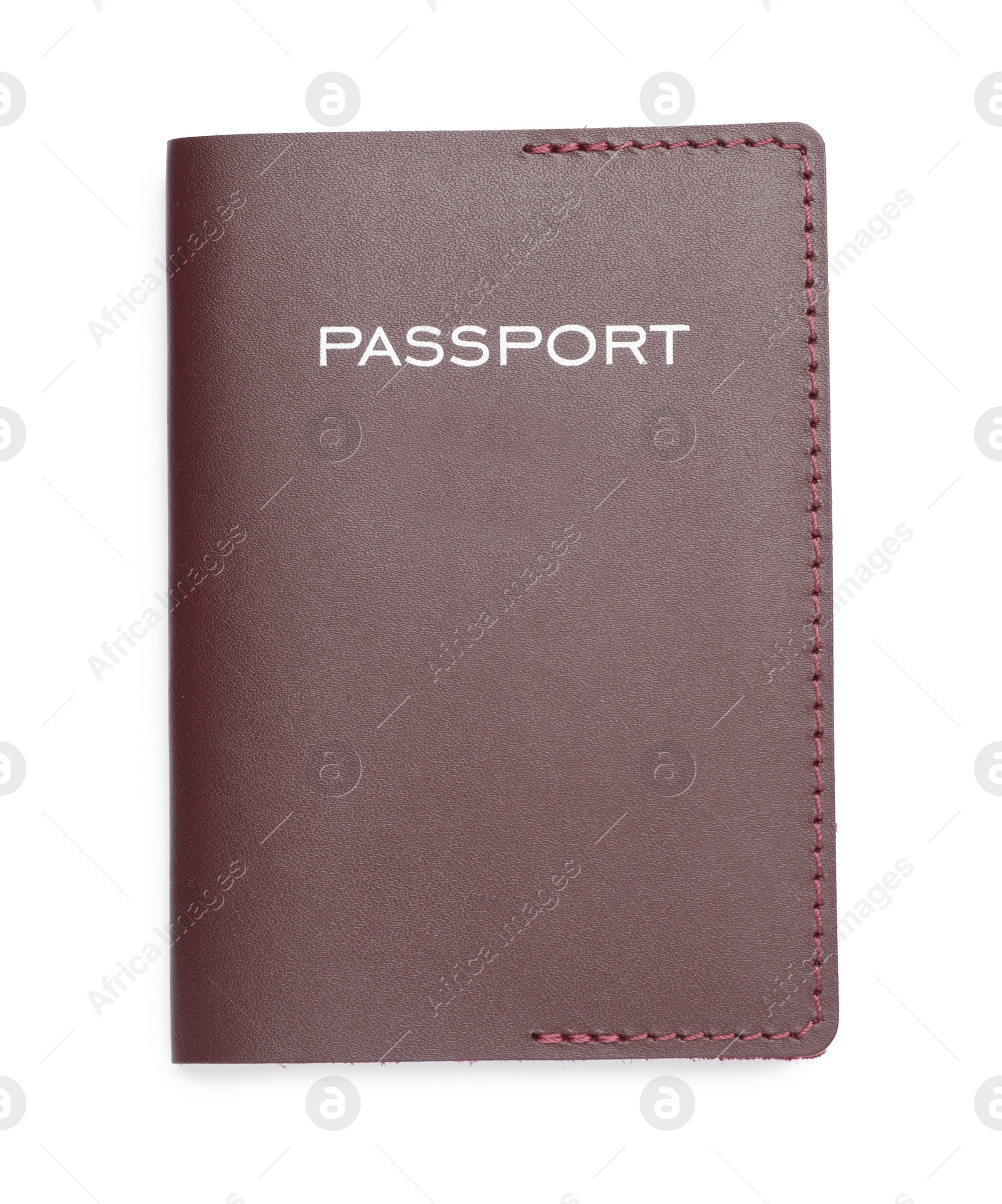 Photo of Passport in brown leather case isolated on white, top view