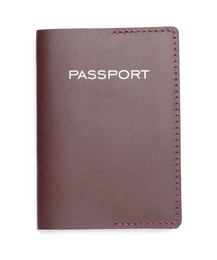 Photo of Passport in brown leather case isolated on white, top view