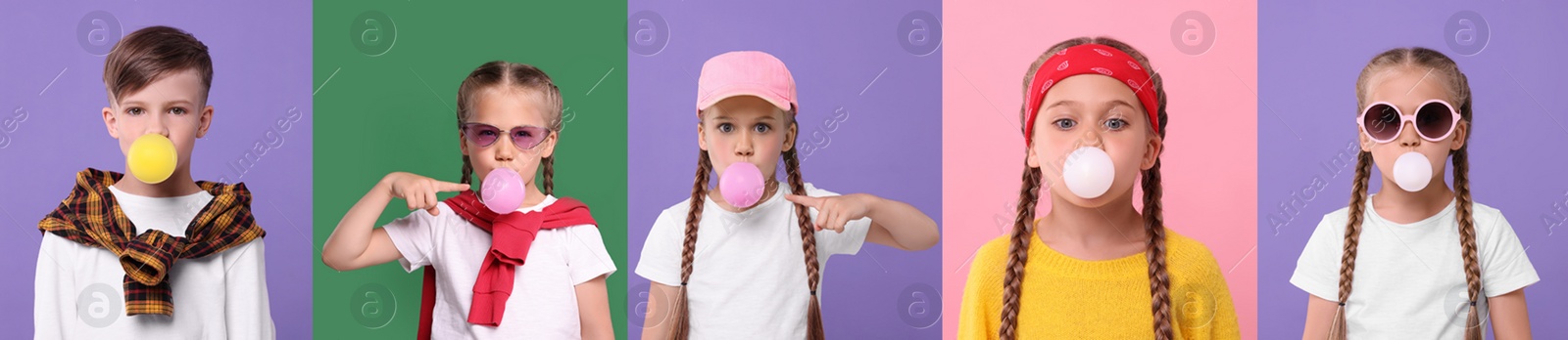 Image of Cute children blowing bubble gums on color backgrounds, set of photos