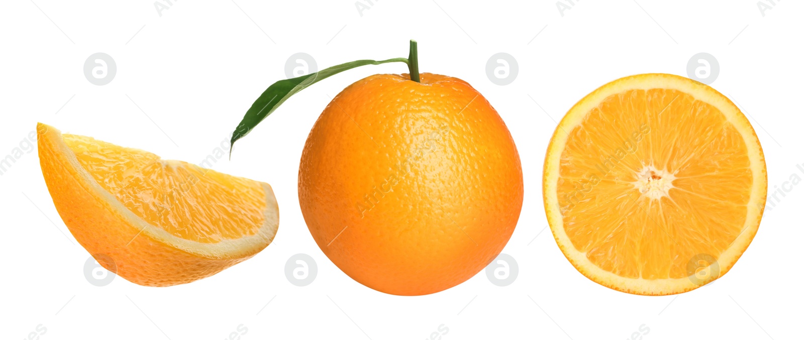 Image of Set with tasty ripe oranges on white background. Banner design 