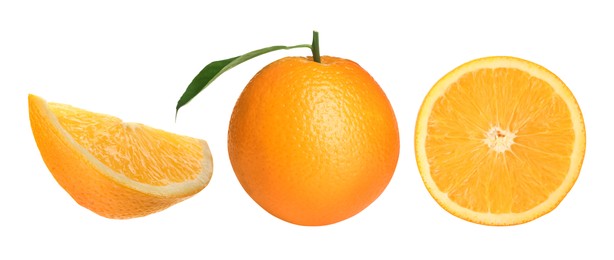 Image of Set with tasty ripe oranges on white background. Banner design 