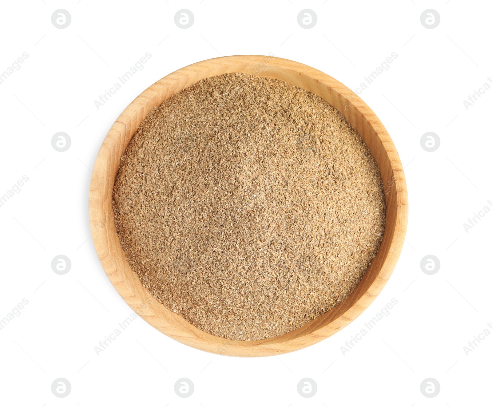 Photo of Wooden bowl with powdered coriander on white background, top view