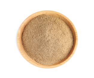 Photo of Wooden bowl with powdered coriander on white background, top view