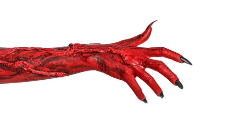 Photo of Scary monster on white background, closeup of hand. Halloween character