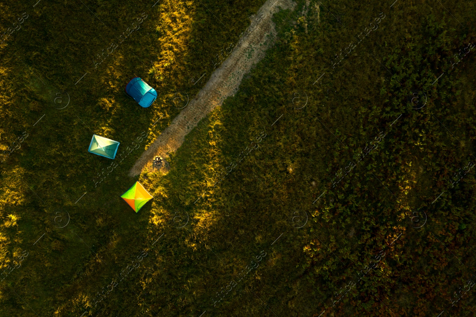 Image of Camping tents in forest on sunny day, top view. Drone photography 