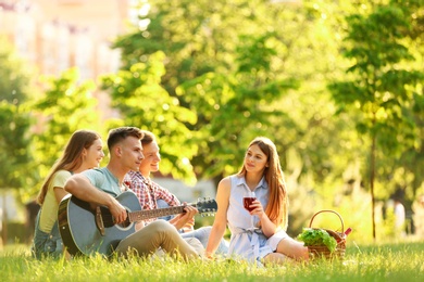 Photo of Young people enjoying picnic in park on summer day