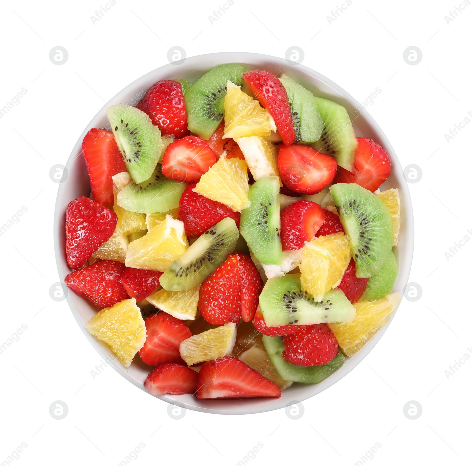 Photo of Tasty fruit salad in bowl isolated on white, top view