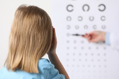 Photo of Ophthalmologist testing little girl's vision in clinic, back view