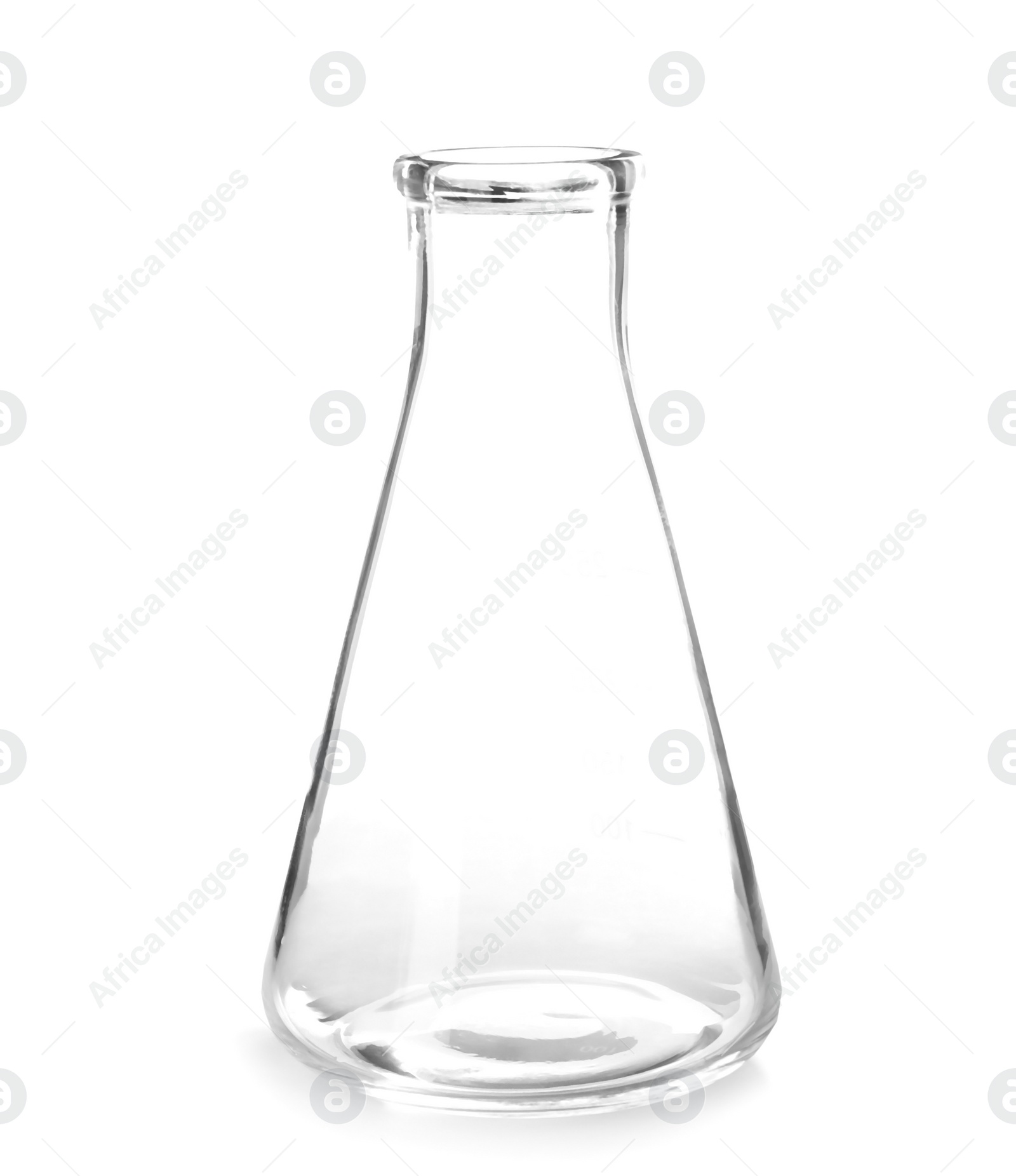 Photo of Empty flask on white background. Laboratory analysis equipment