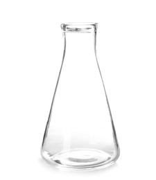 Empty flask on white background. Laboratory analysis equipment