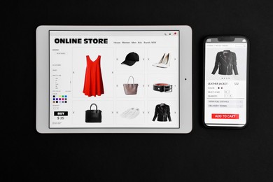 Tablet and smartphone with open online store pages on black background, top view