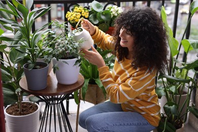 Photo of Beautiful young woman watering green houseplants on balcony