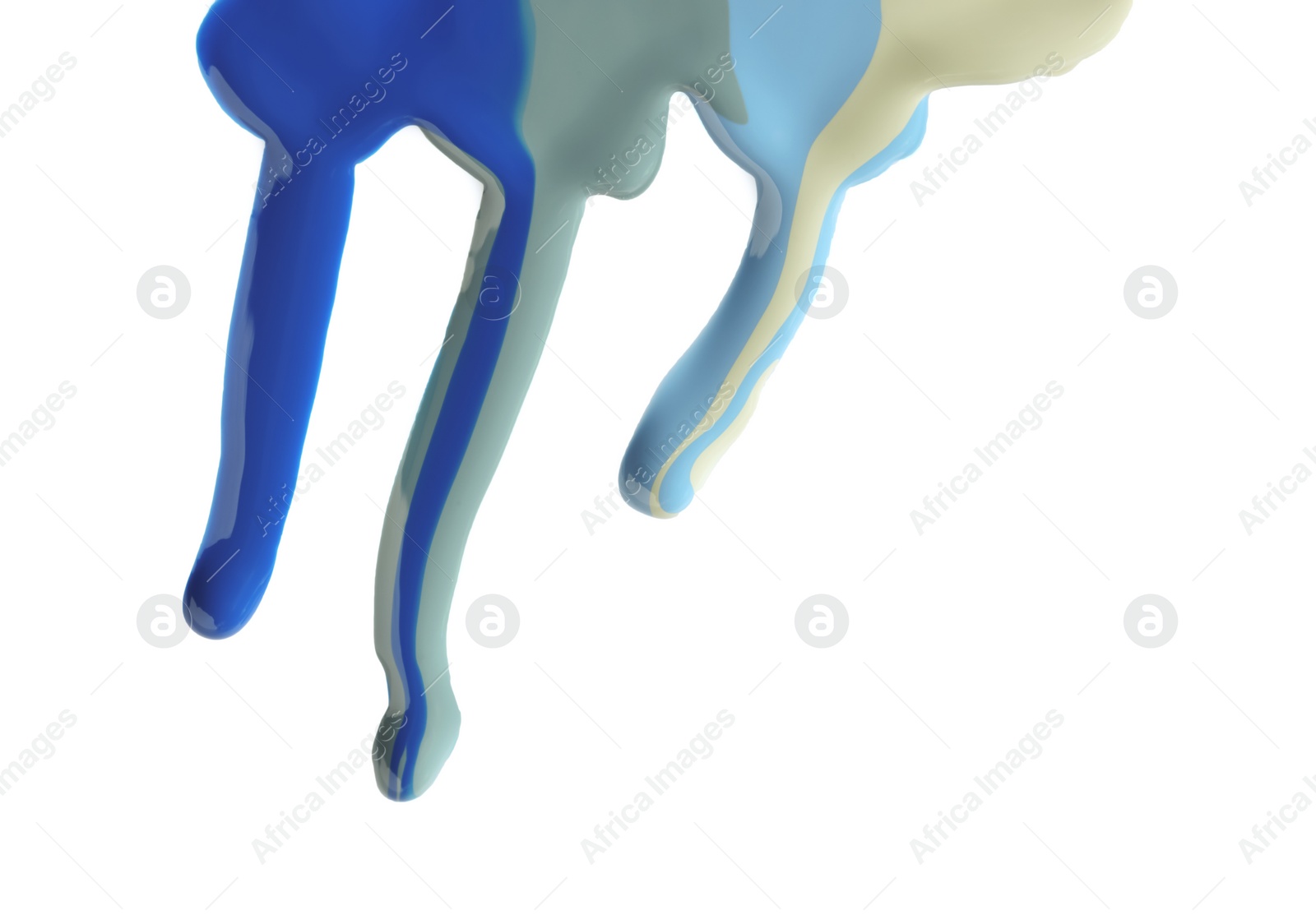 Photo of Mixed different color nail polishes flowing on white background