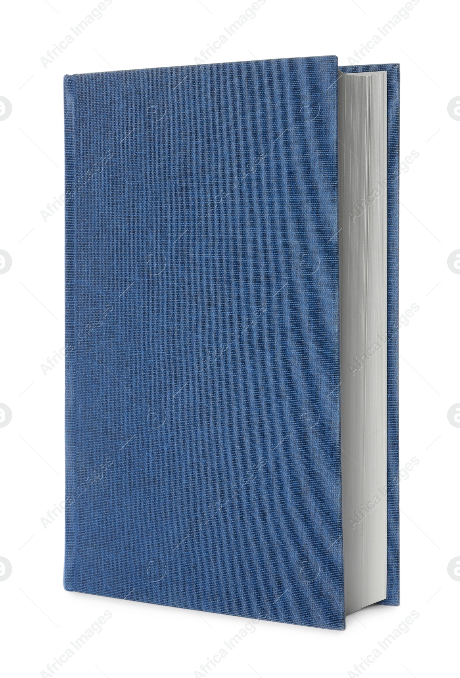 Photo of Closed book with blue hard cover isolated on white