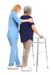 Photo of Caretaker helping elderly woman with walking frame on white background