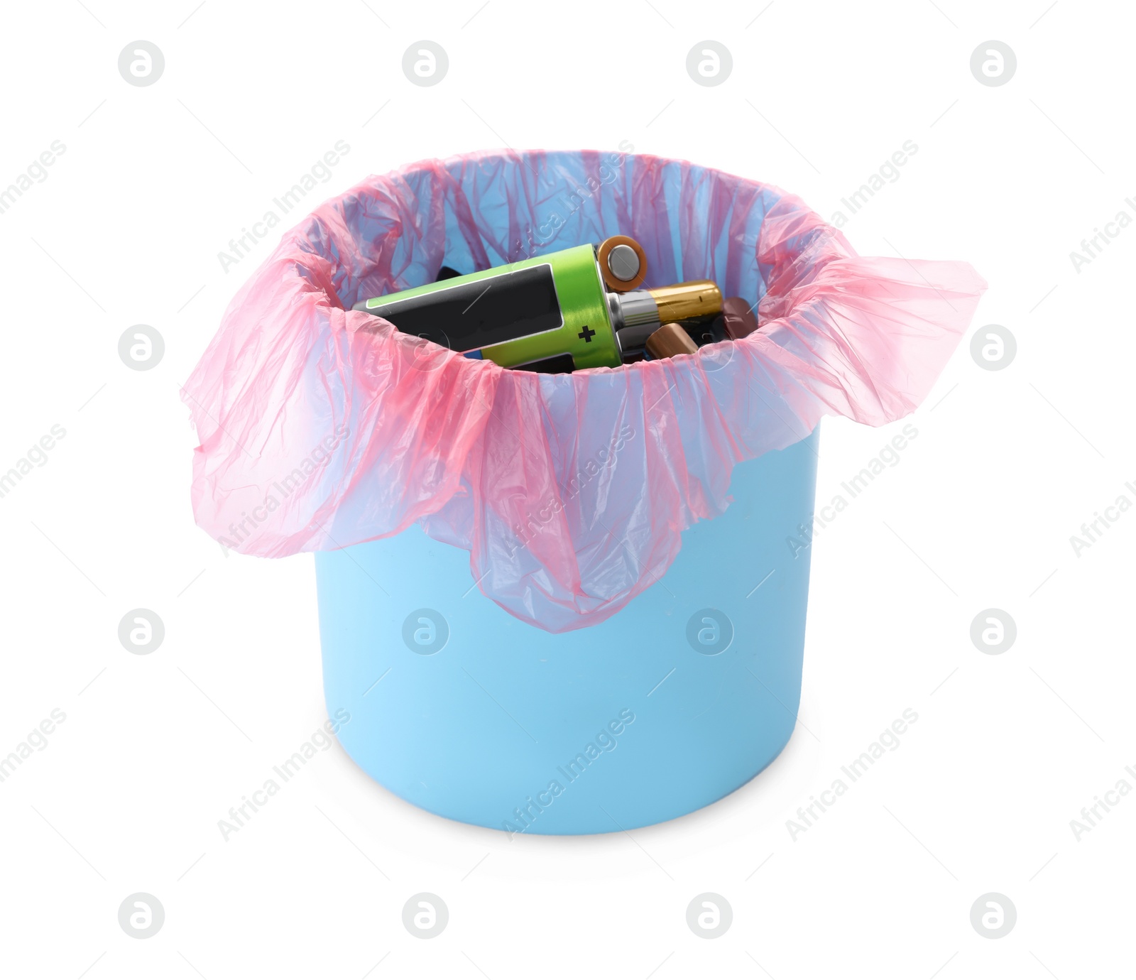 Image of Used batteries in bucket on white background