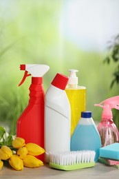 Spring cleaning. Detergents, supplies and beautiful flowers on wooden table outdoors