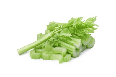 Photo of Fresh green cut celery isolated on white