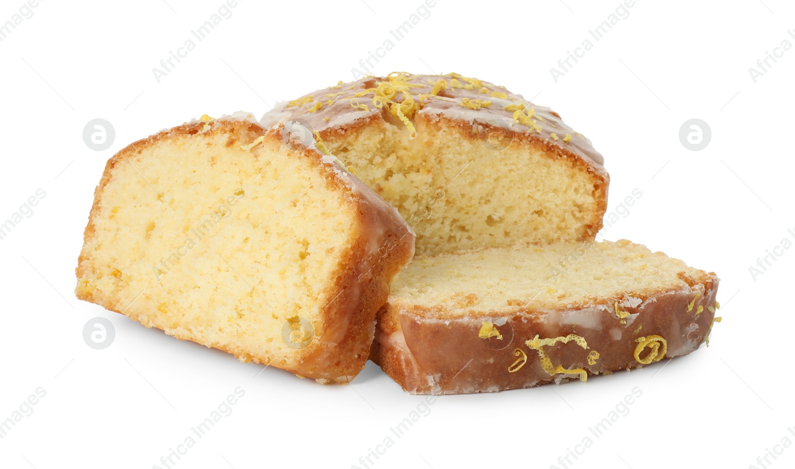 Photo of Pieces of tasty lemon cake with glaze isolated on white