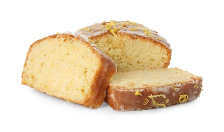 Photo of Pieces of tasty lemon cake with glaze isolated on white