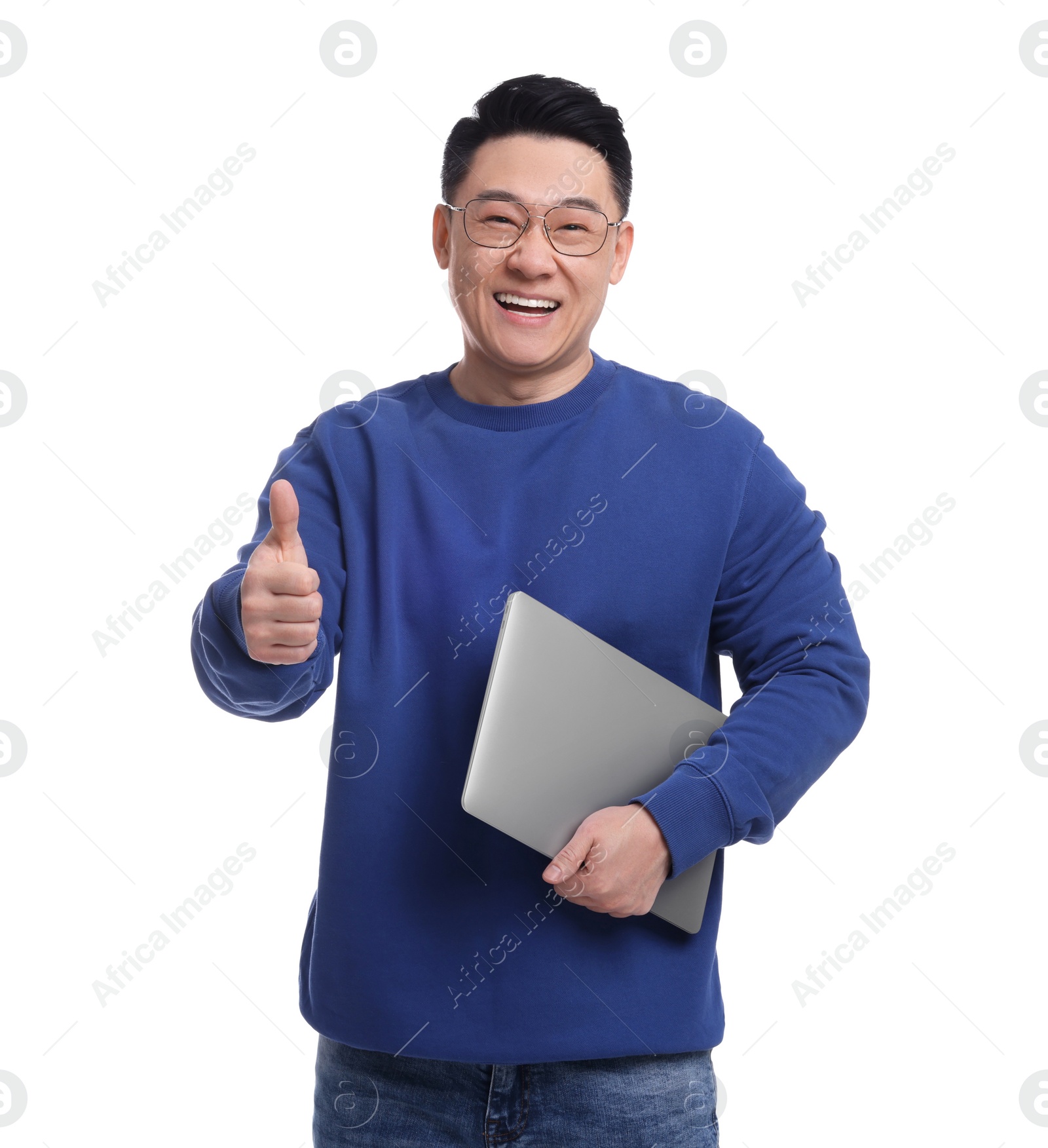 Photo of Happy man with laptop showing thumb up on white background