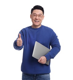 Photo of Happy man with laptop showing thumb up on white background