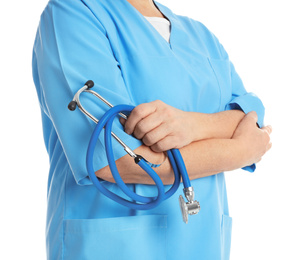 Photo of Mature doctor with stethoscope on white background, closeup