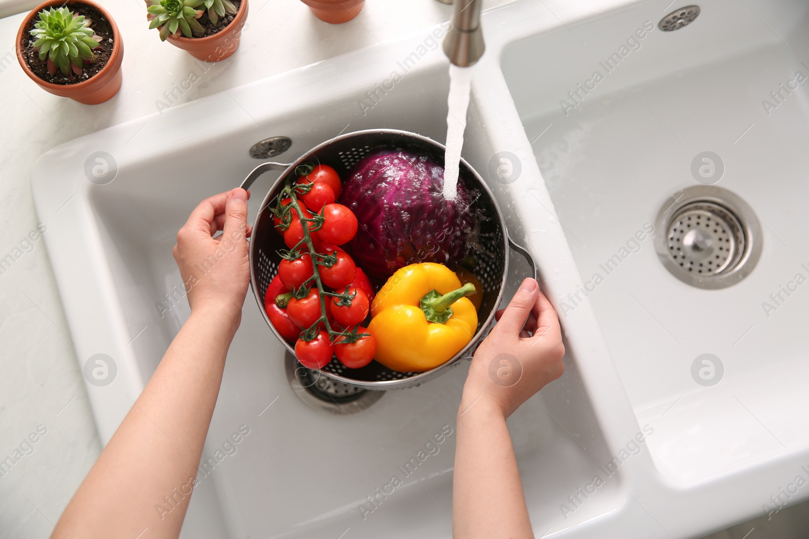 Photo of Woman washing fresh vegetables in kitchen sink, top view