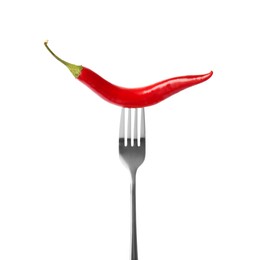 Fork with chili pepper isolated on white