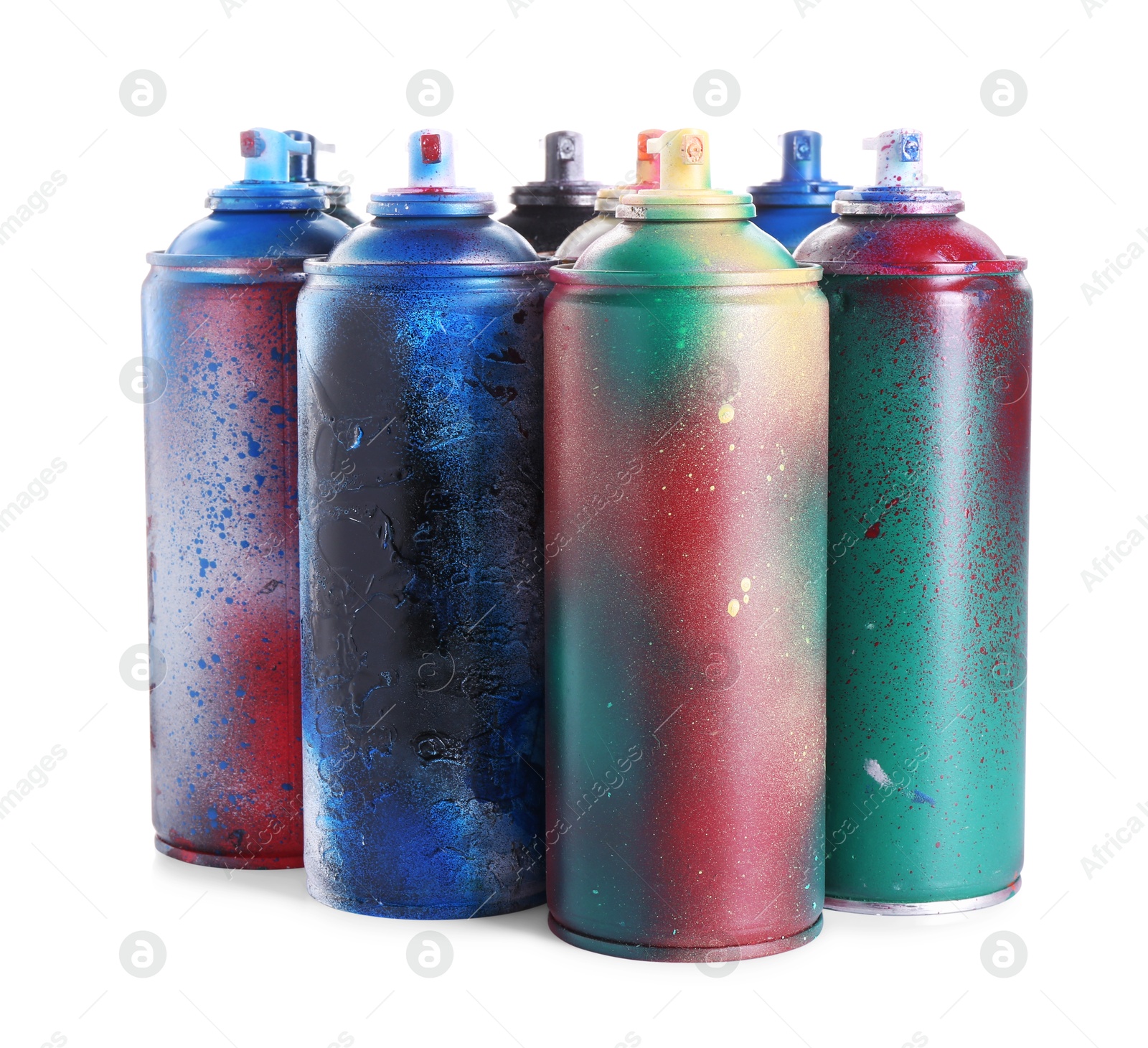 Photo of Many spray paint cans isolated on white