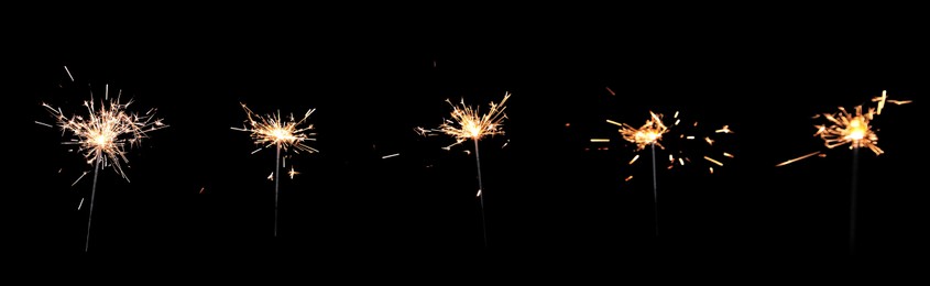 Image of Collage with bright burning sparklers on black background, banner design