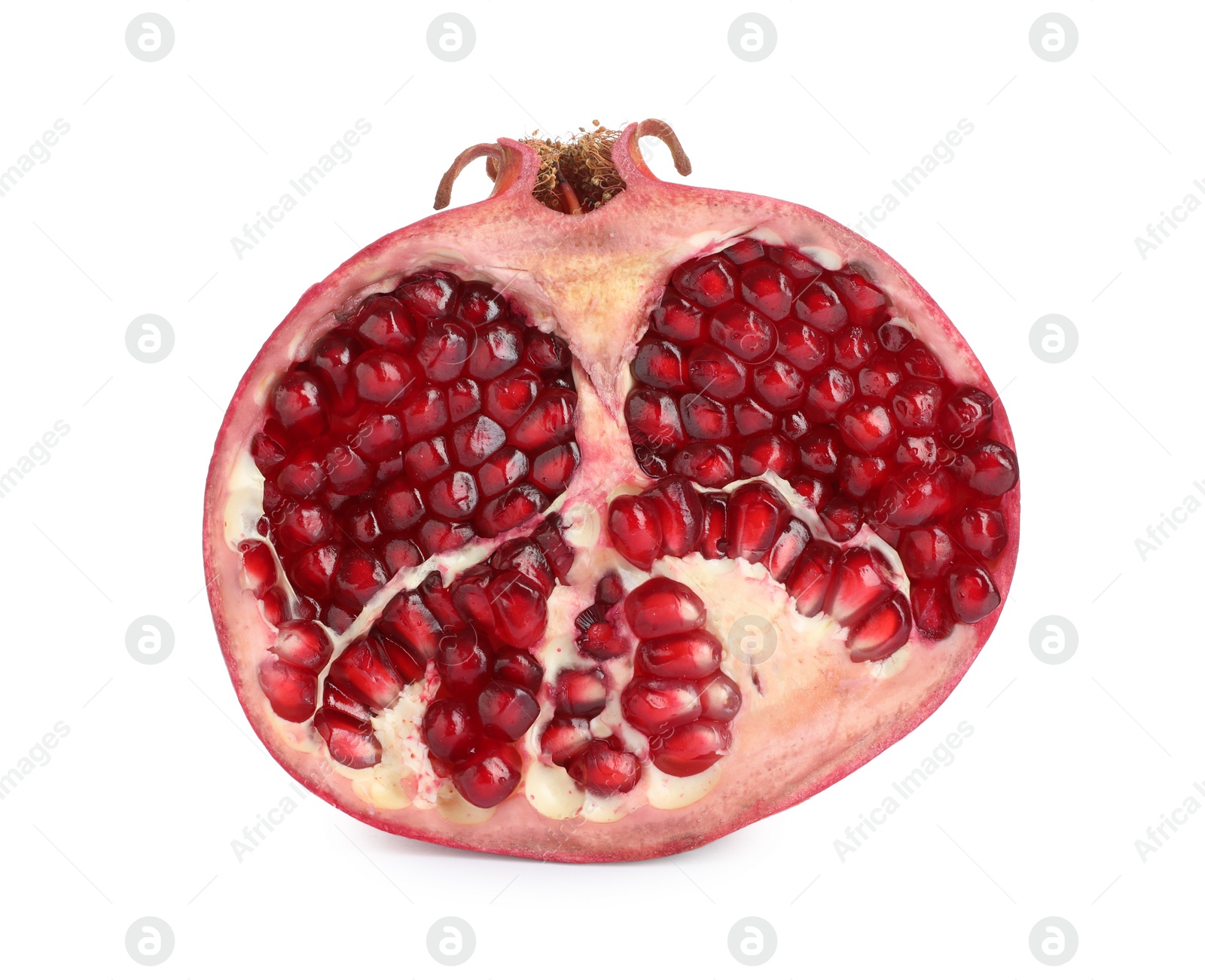 Photo of Half of ripe juicy pomegranate isolated on white