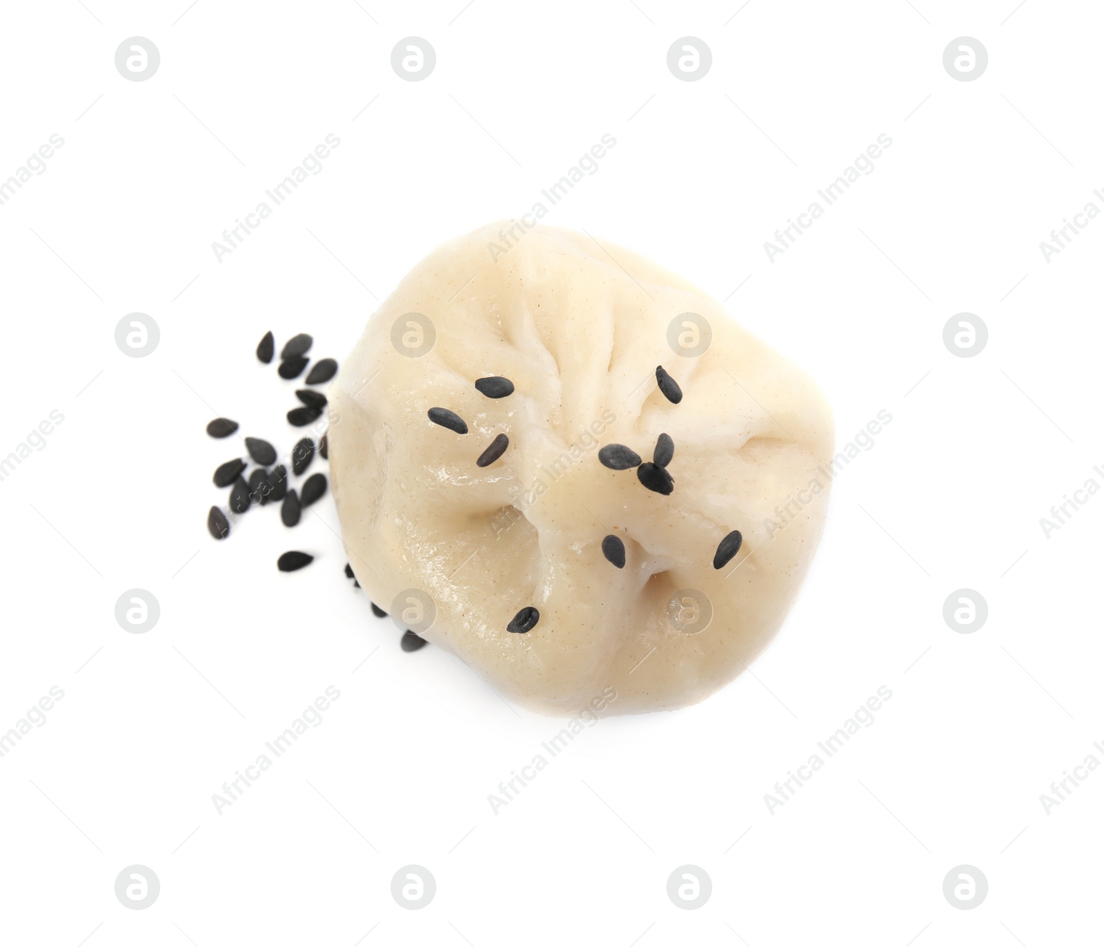 Photo of Tasty baozi dumpling with sesame seeds on white background, top view