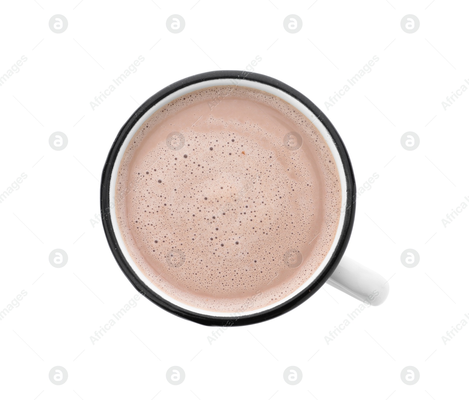 Photo of Delicious cocoa drink in mug on white background, top view