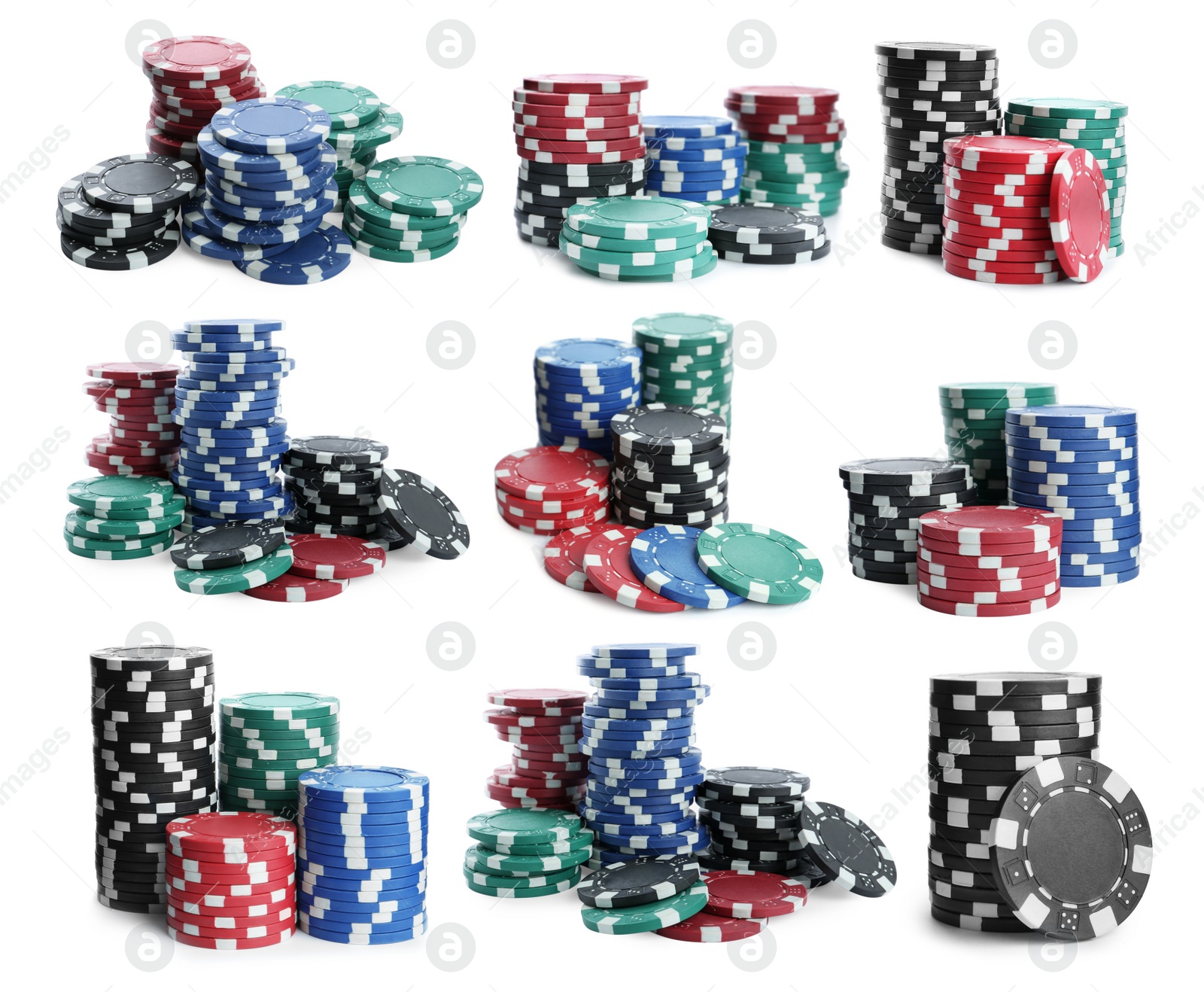 Image of Set with stacks of different casino chips on white background. Poker game