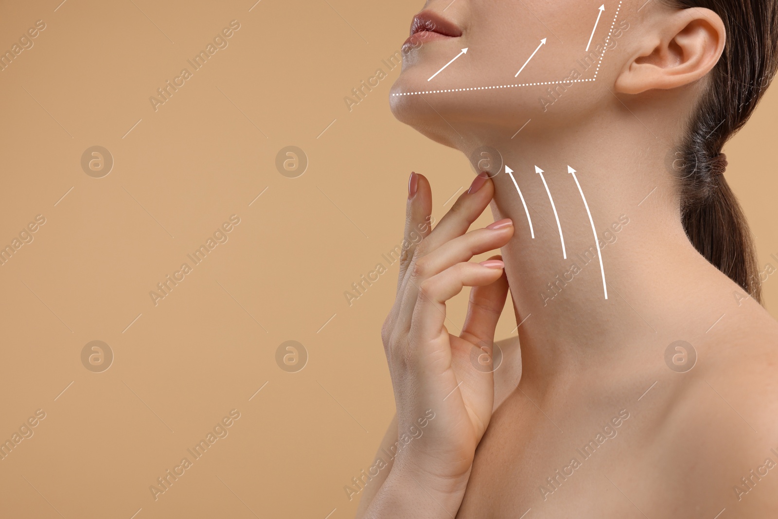 Image of Woman with perfect skin after cosmetic treatment on beige background, space for text. Lifting arrows on her neck and face