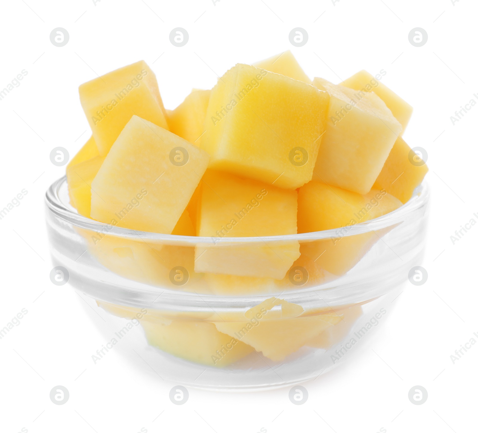 Photo of Tasty mango cubes in glass bowl isolated on white