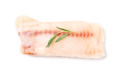 Photo of Piece of raw cod fish and rosemary isolated on white, top view