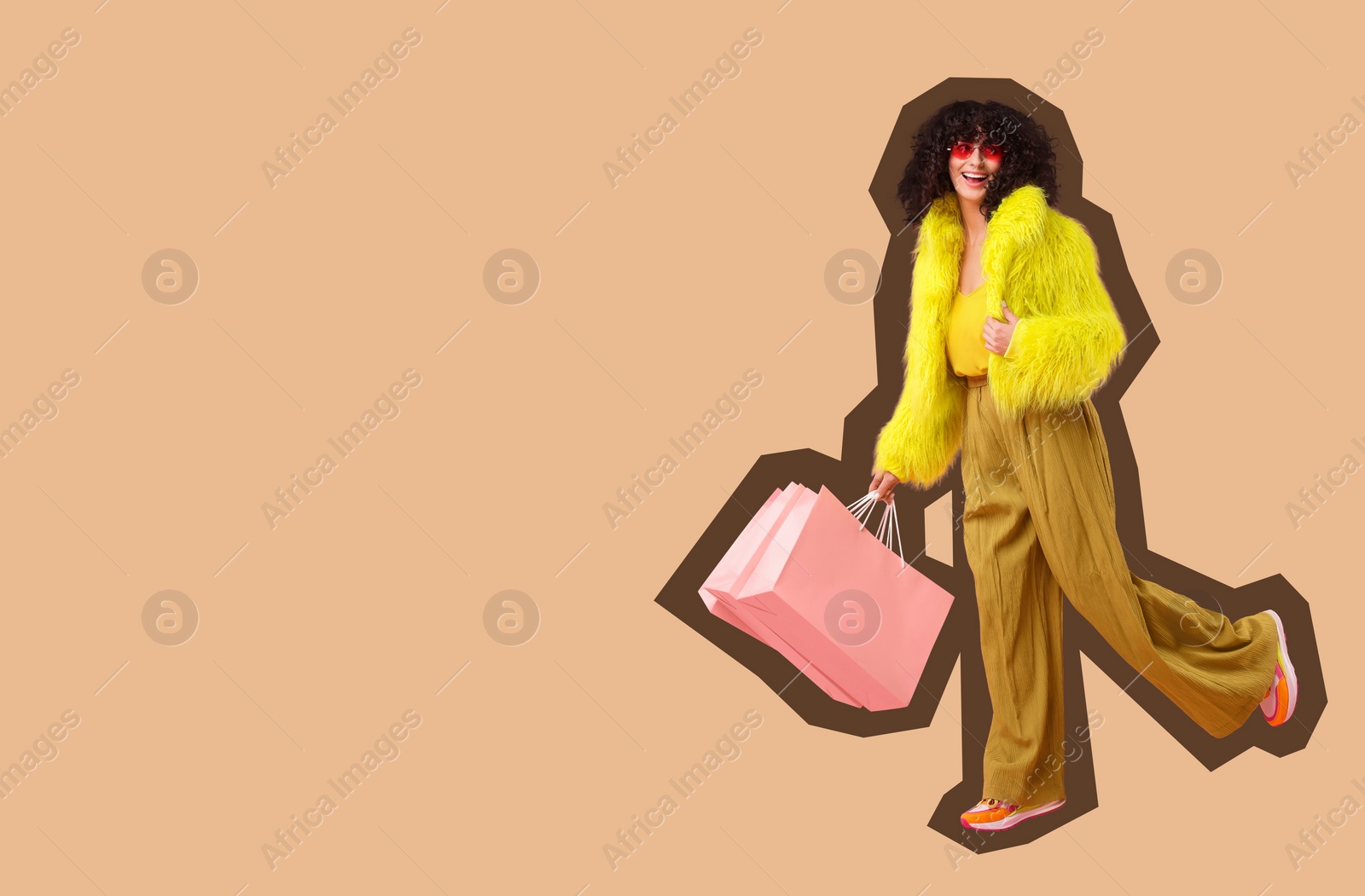 Image of Happy woman with shopping bags on beige background, space for text