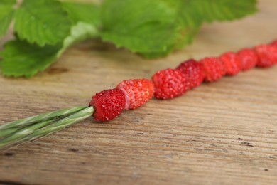 Photo of Grass stem with wild strawberries on wooden table, closeup