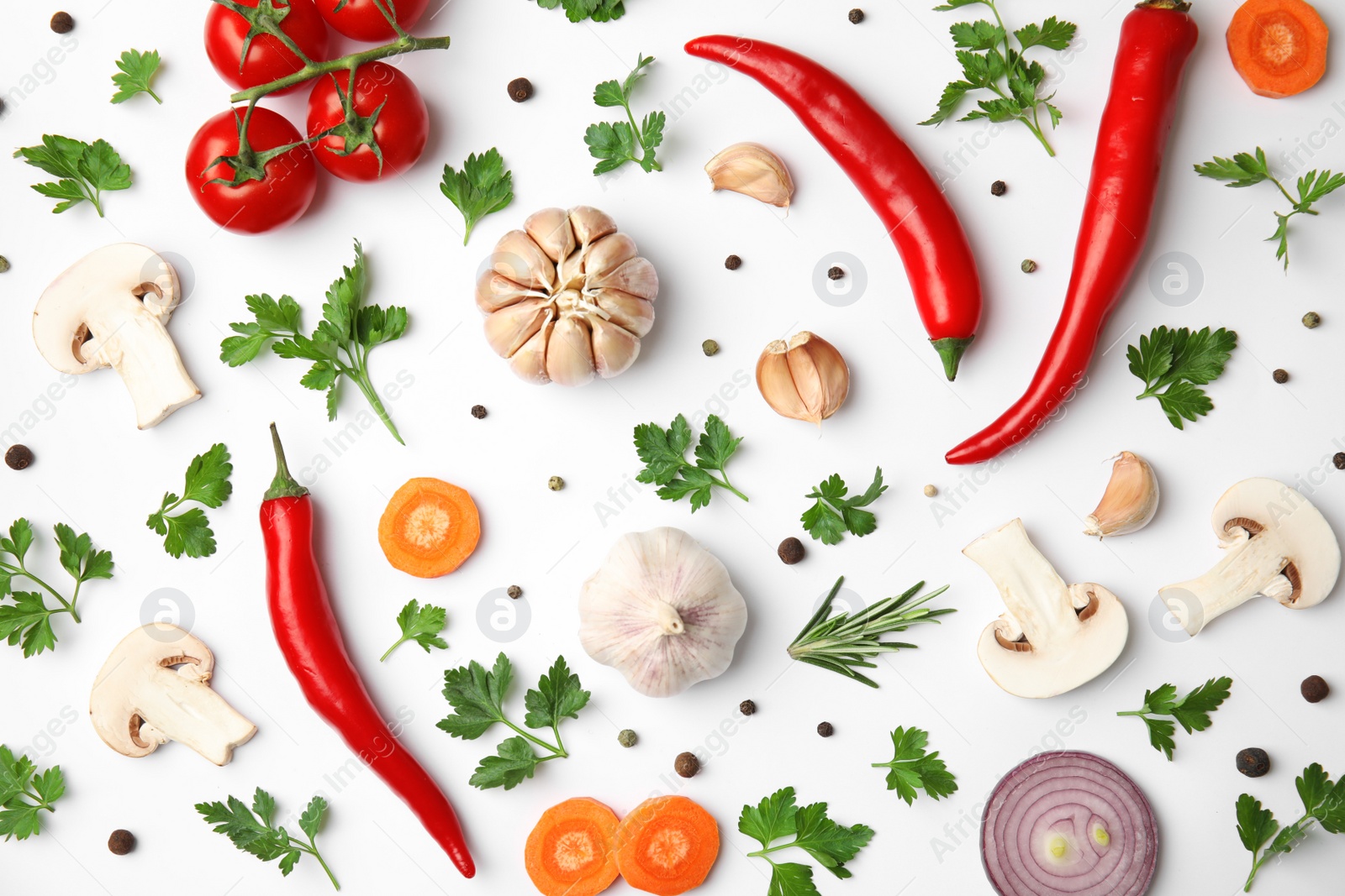 Photo of Flat lay composition with green parsley, peppercorns and vegetables on white background