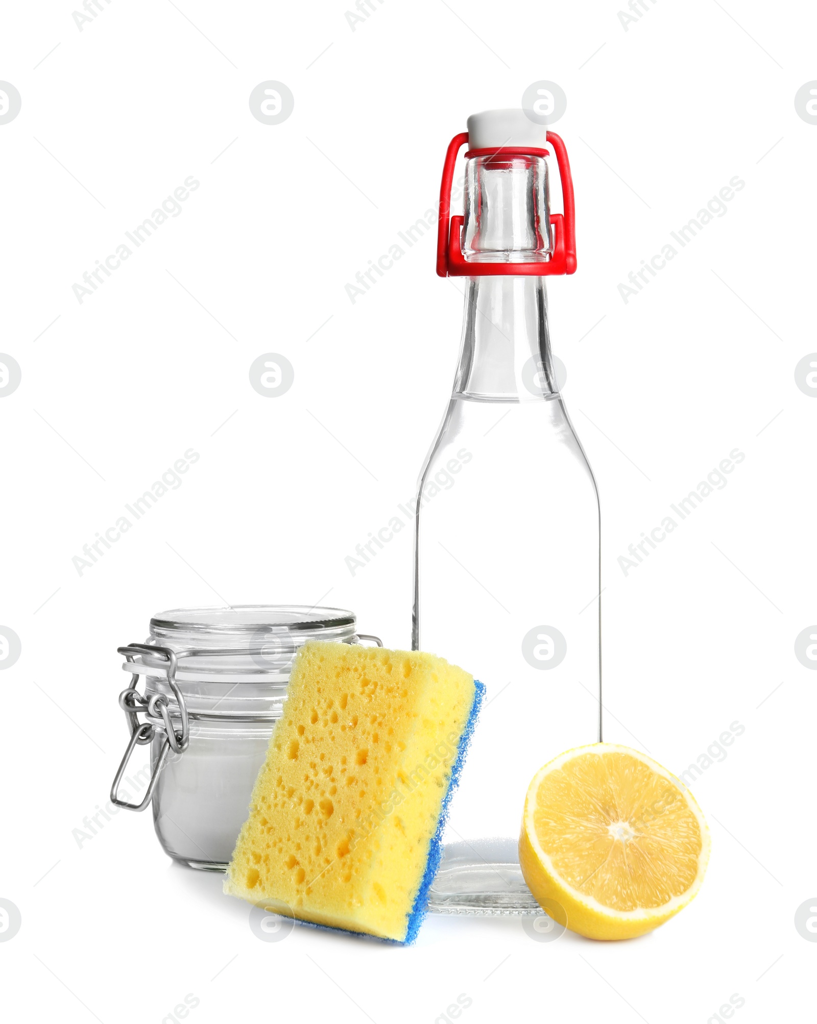 Photo of Composition with vinegar, lemon and baking soda on white background. House cleaning