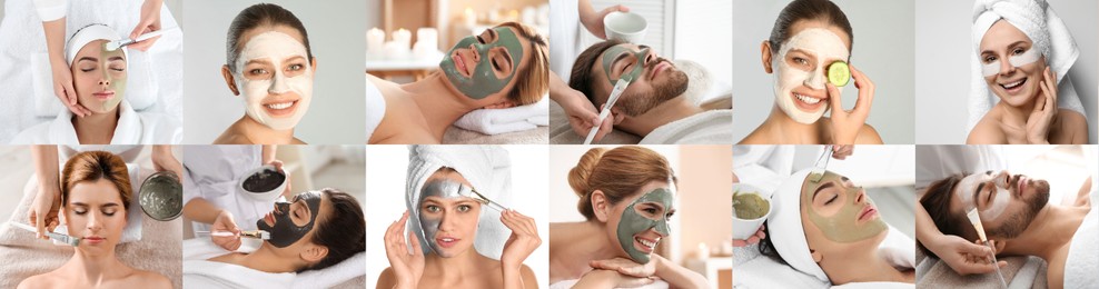 Image of Collage with photos of people with cleansing and moisturizing masks on faces. Banner design